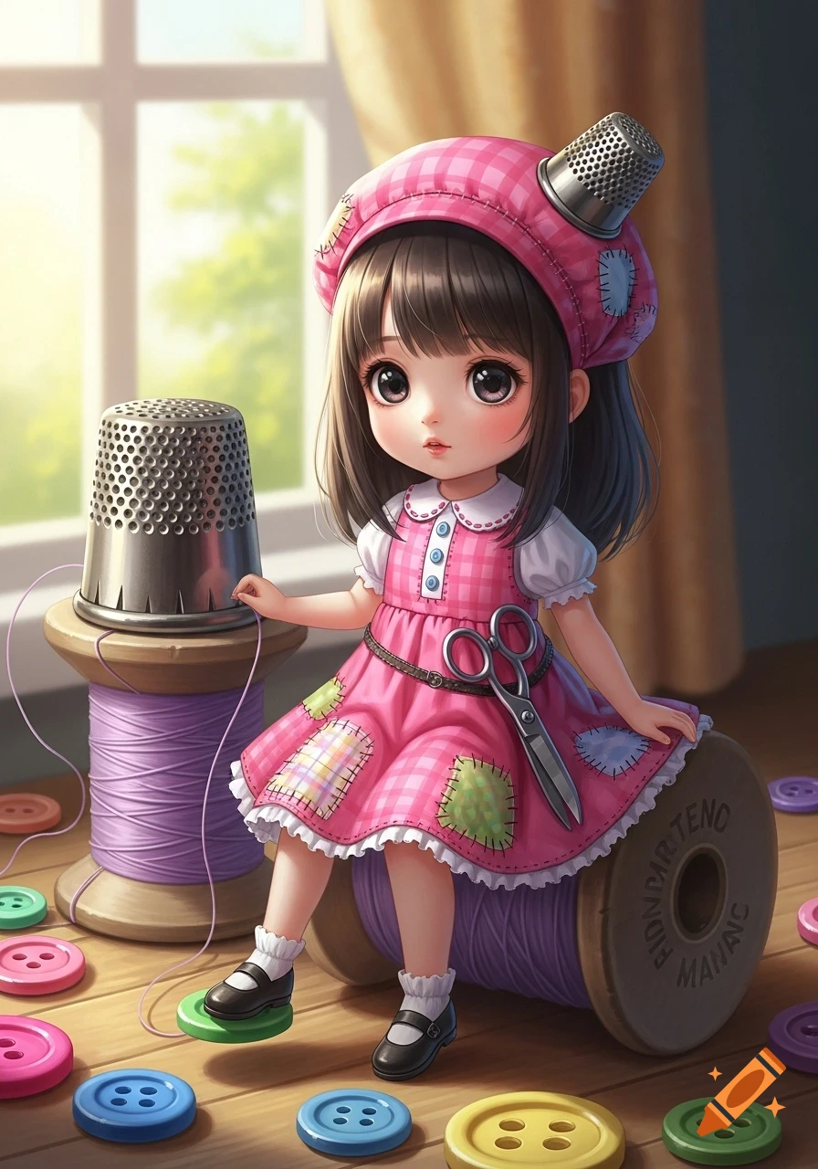 A cute anime girl in a pink plaid dress sits on a giant spool of purple thread, holding a string. She wears a thimble hat and has scissors on her dress, surrounded by colorful buttons.