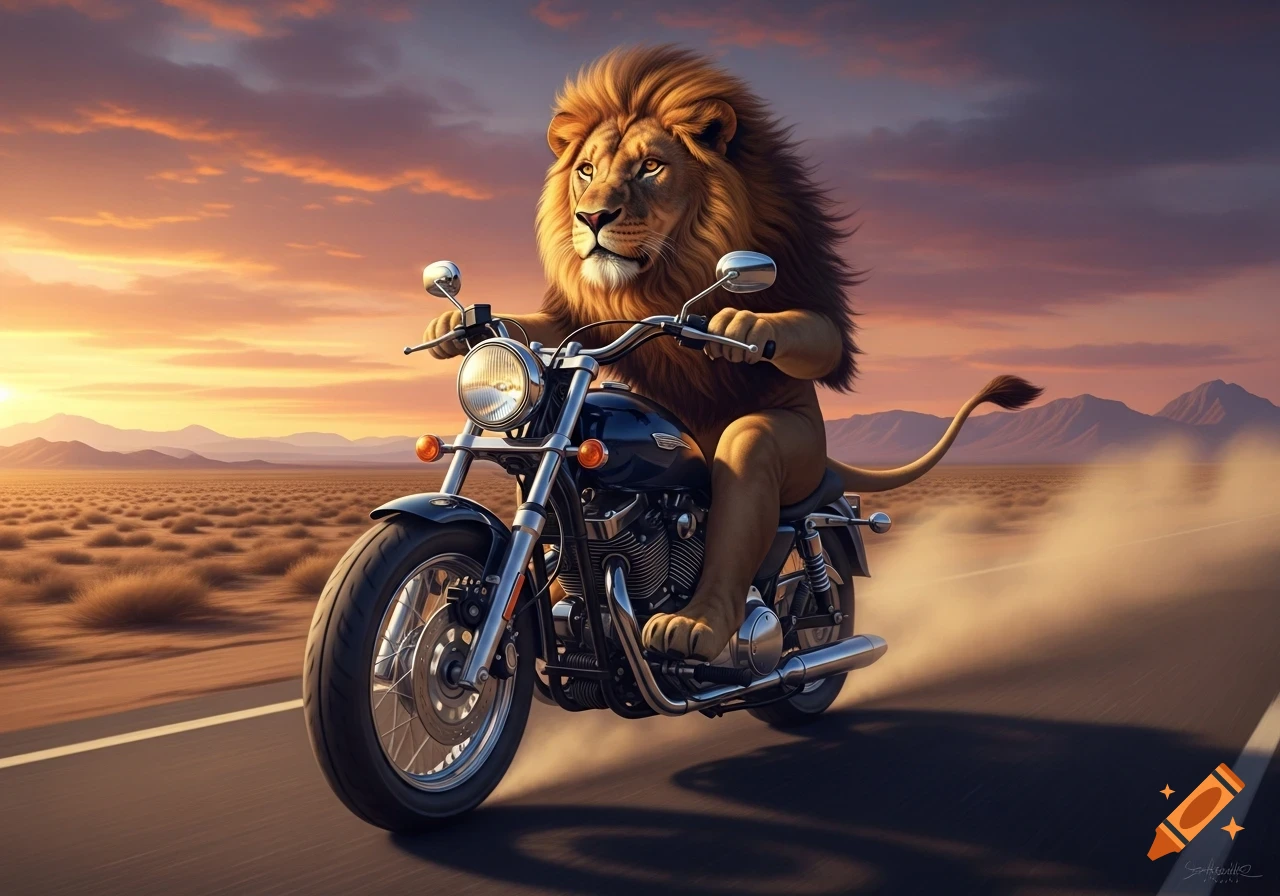 A majestic lion rides a motorcycle down a desert highway at sunset.