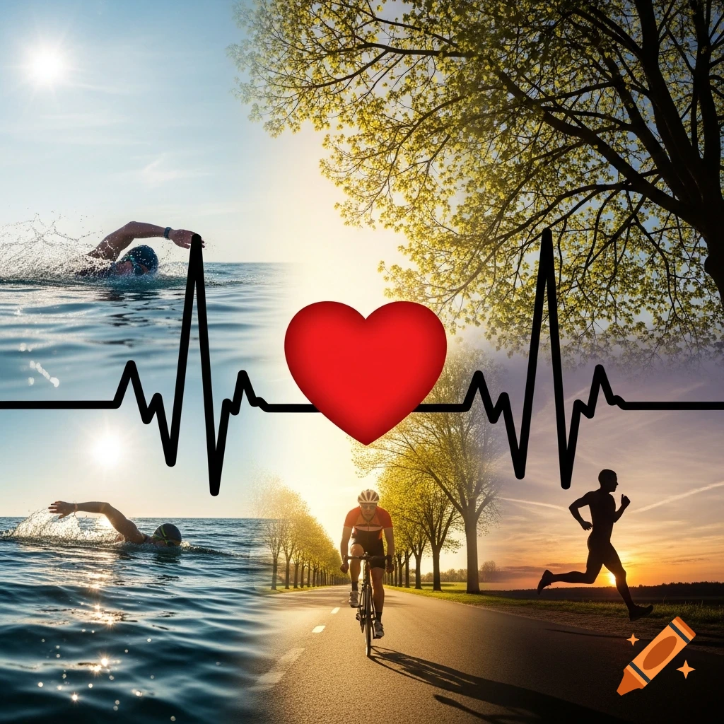 Collage of a swimmer, a cyclist, and a runner, with a central red heart and a black heartbeat line.