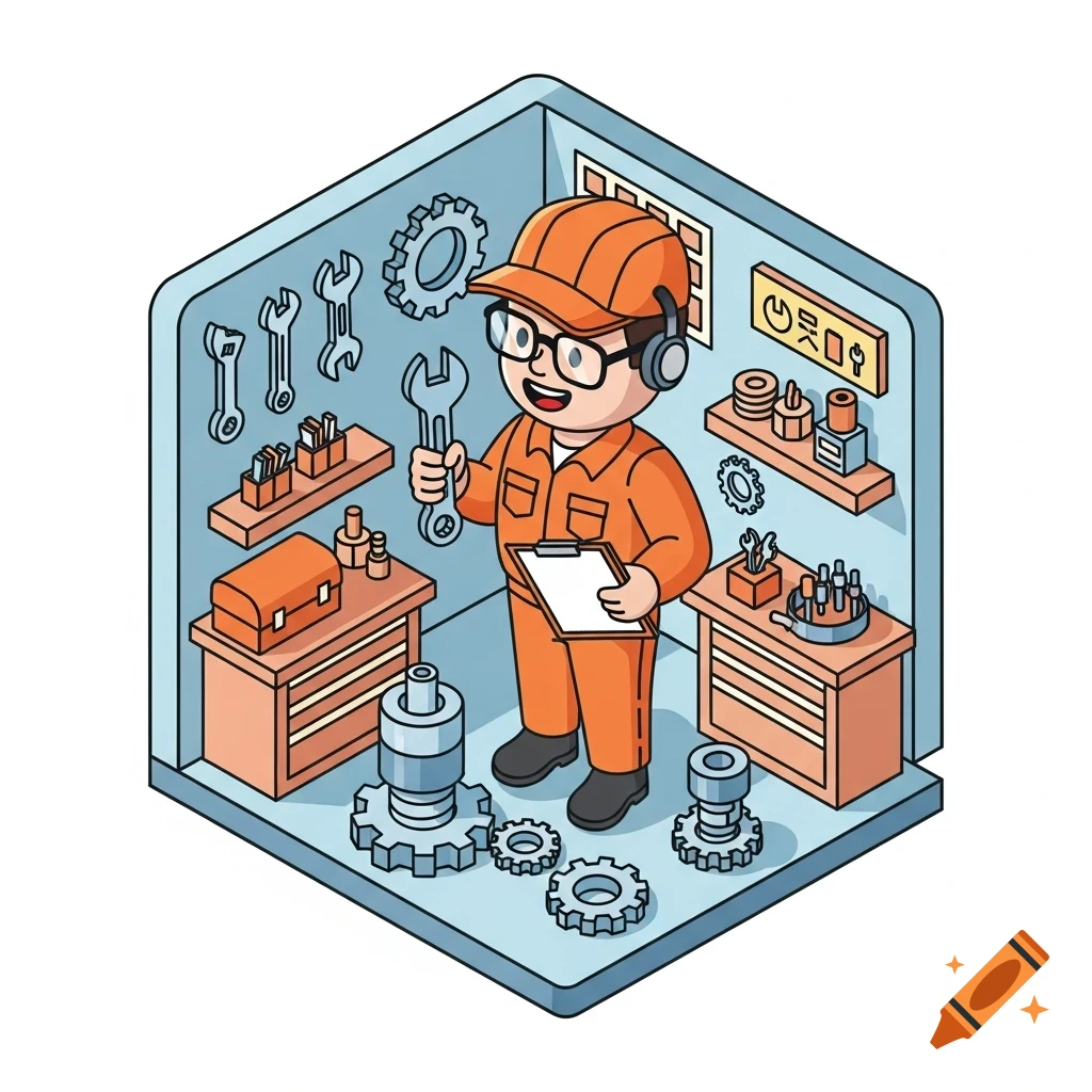 Isometric cartoon of a happy mechanic in an orange jumpsuit and hard hat, holding a wrench and clipboard in a workshop with tools and gears.