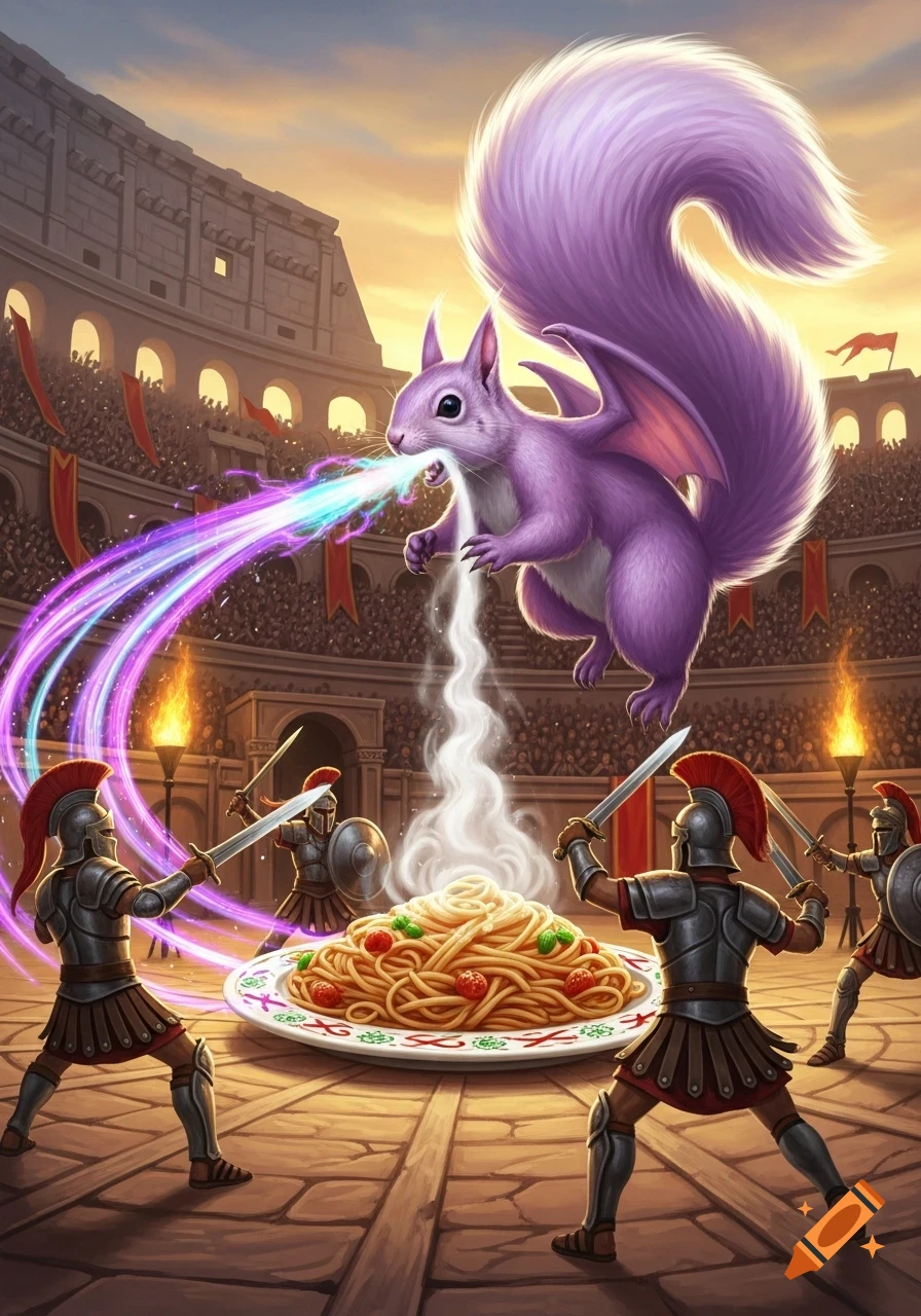 A purple winged squirrel dragon breathes energy at three gladiators fighting over a steaming plate of spaghetti in a Roman Coliseum.