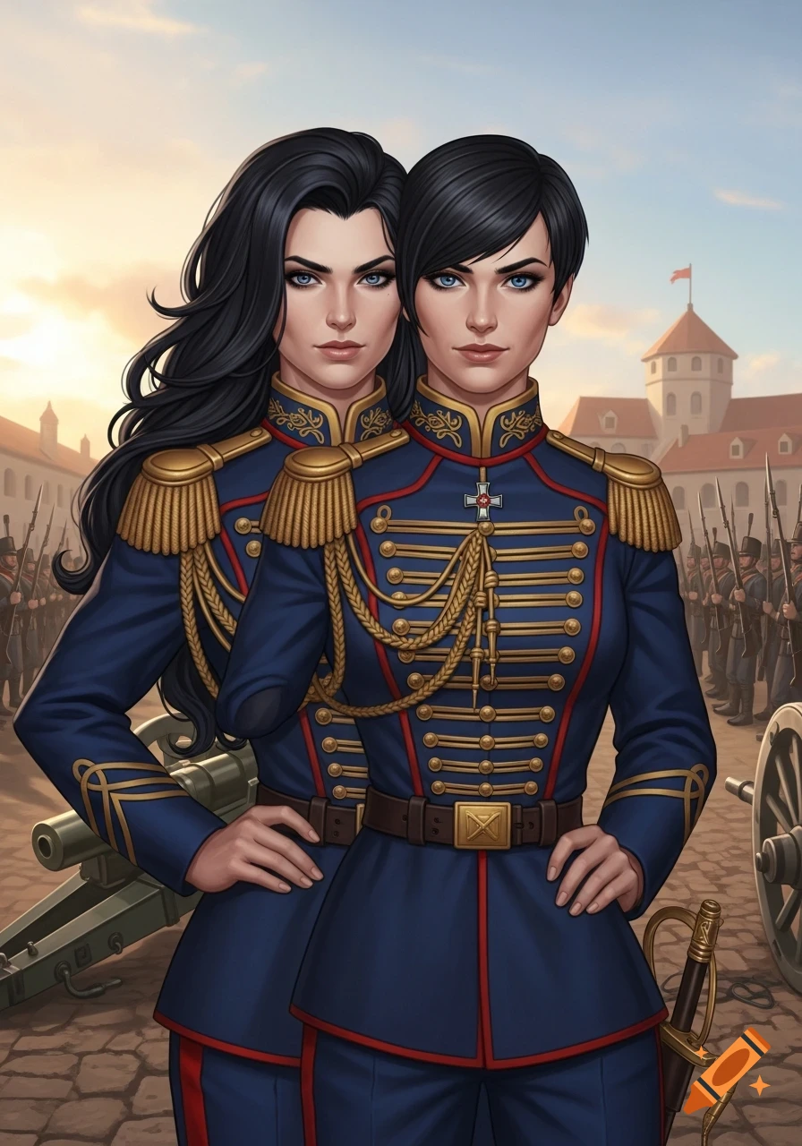 Two conjoined twin women in detailed blue military uniforms, one with long hair, the other with short, standing in a courtyard with soldiers and cannons.