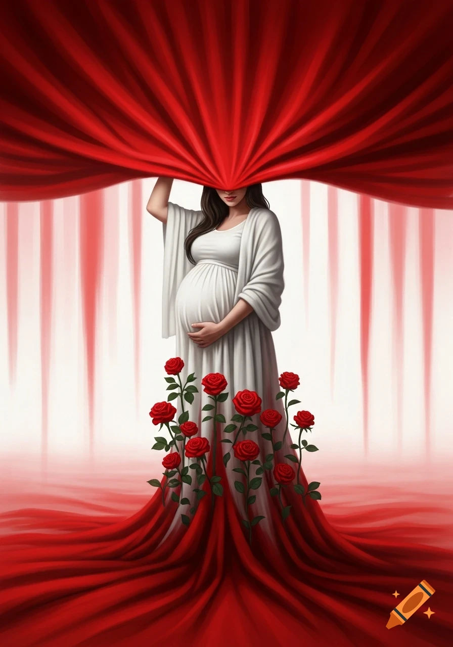 A pregnant woman in a white dress holds up a flowing red curtain, with red roses growing from her skirt.