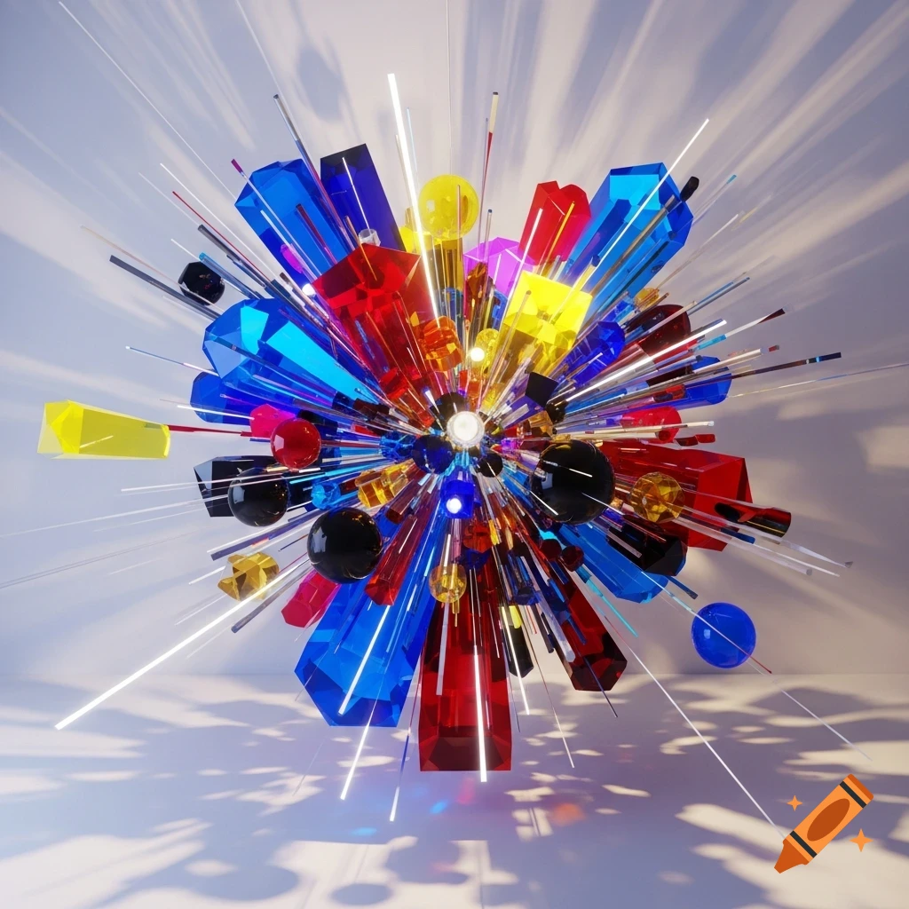 A vibrant 3D abstract explosion of colorful geometric shapes, spheres, and light rays against a white background.