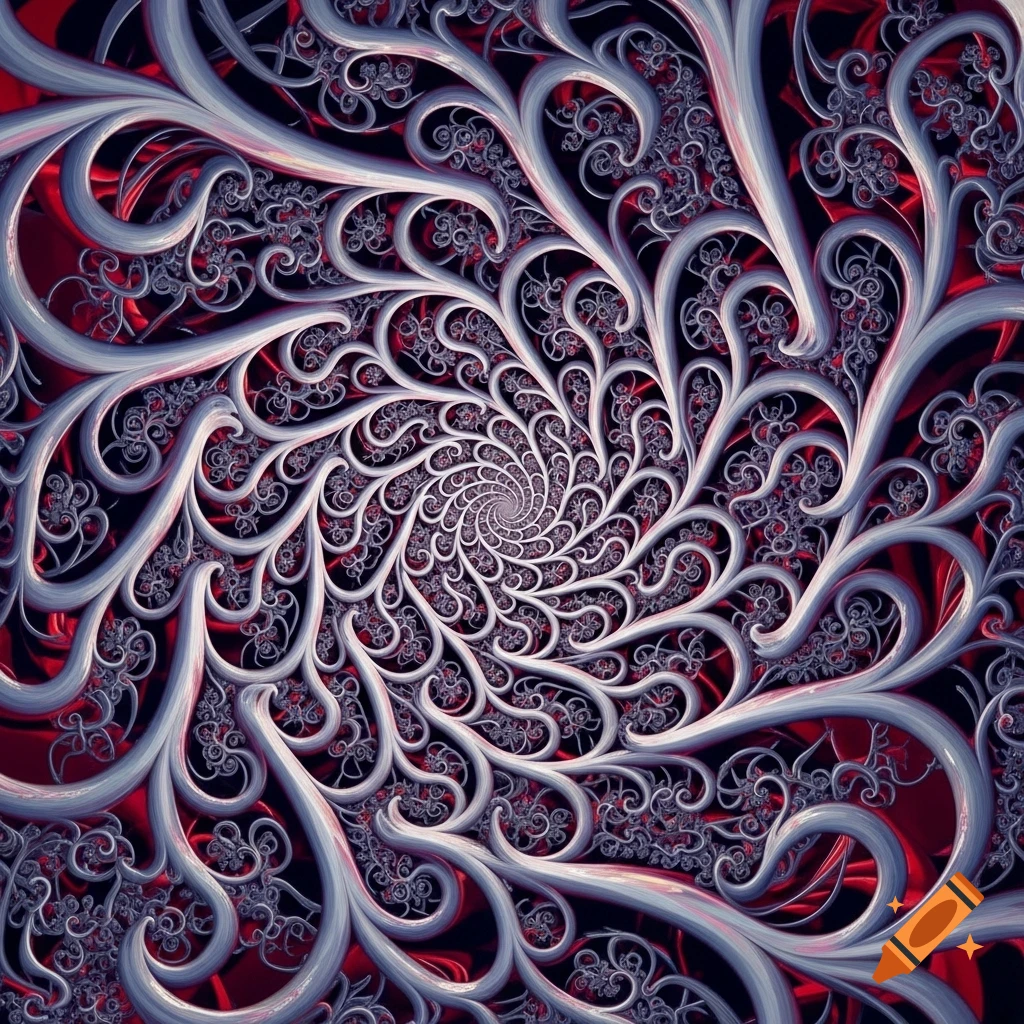 An intricate abstract spiral pattern featuring interlacing white and red organic shapes, illuminated by intense lighting.