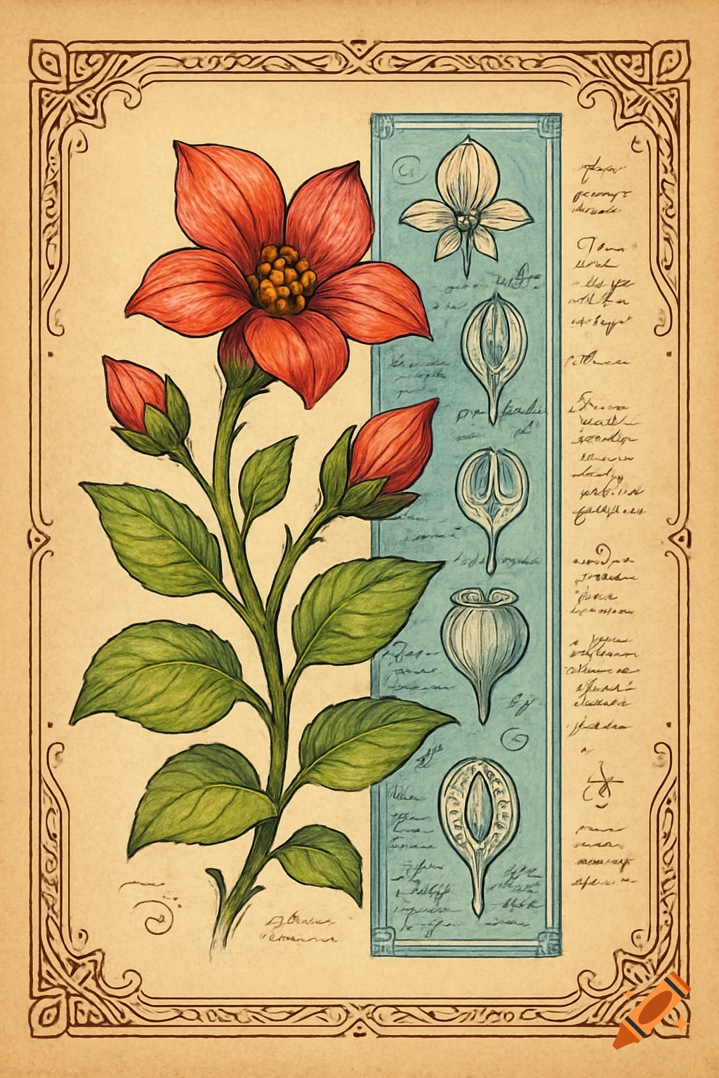 A botanical illustration of a flowering plant with red petals and green leaves, set against a parchment background with a blue blueprint section.