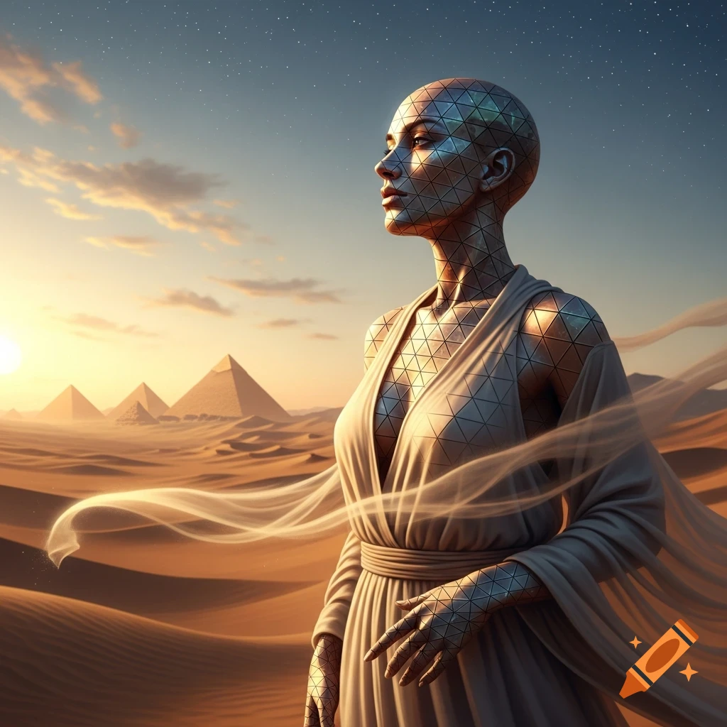 A futuristic woman with geometric, metallic skin and a flowing white dress stands in a desert with pyramids at sunset, looking towards the sun.