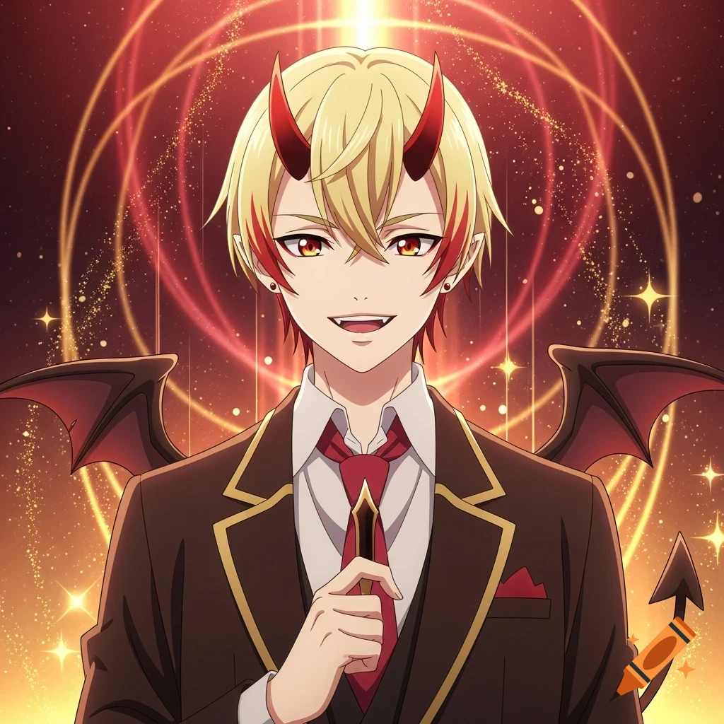 Blonde anime boy with red highlights, demon horns, bat wings, and a tail, smiling in a suit against a sparkling red background.
