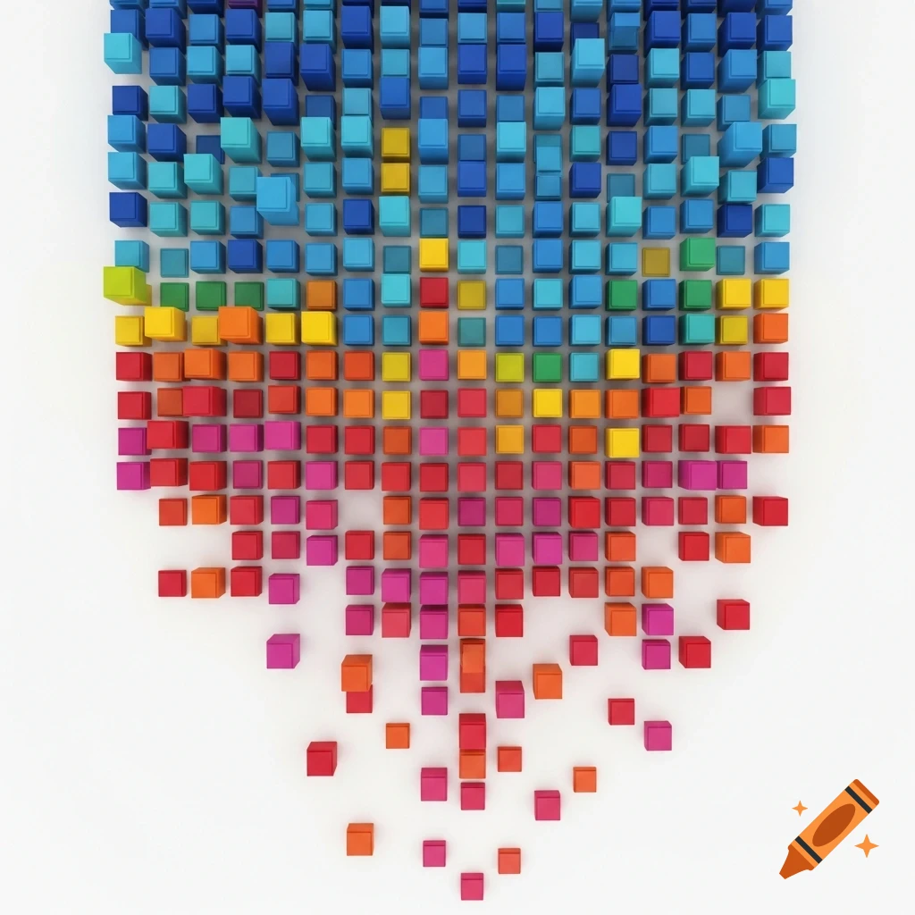 A vibrant array of colorful 3D blocks in shades of blue, green, yellow, orange, and red, arranged to look like they are falling downwards.