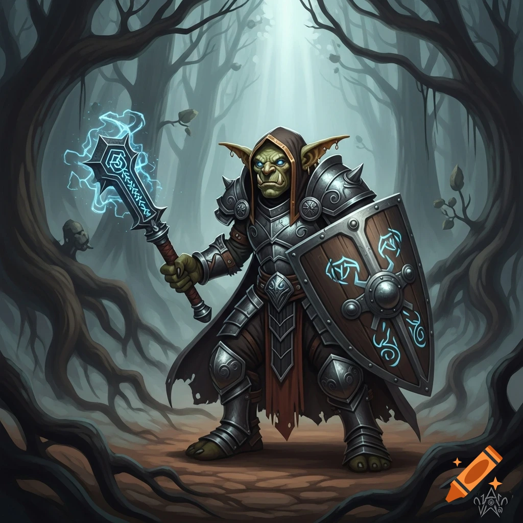 An armored goblin cleric with glowing blue eyes holds an electric mace and a shield in a dark, mystical forest.