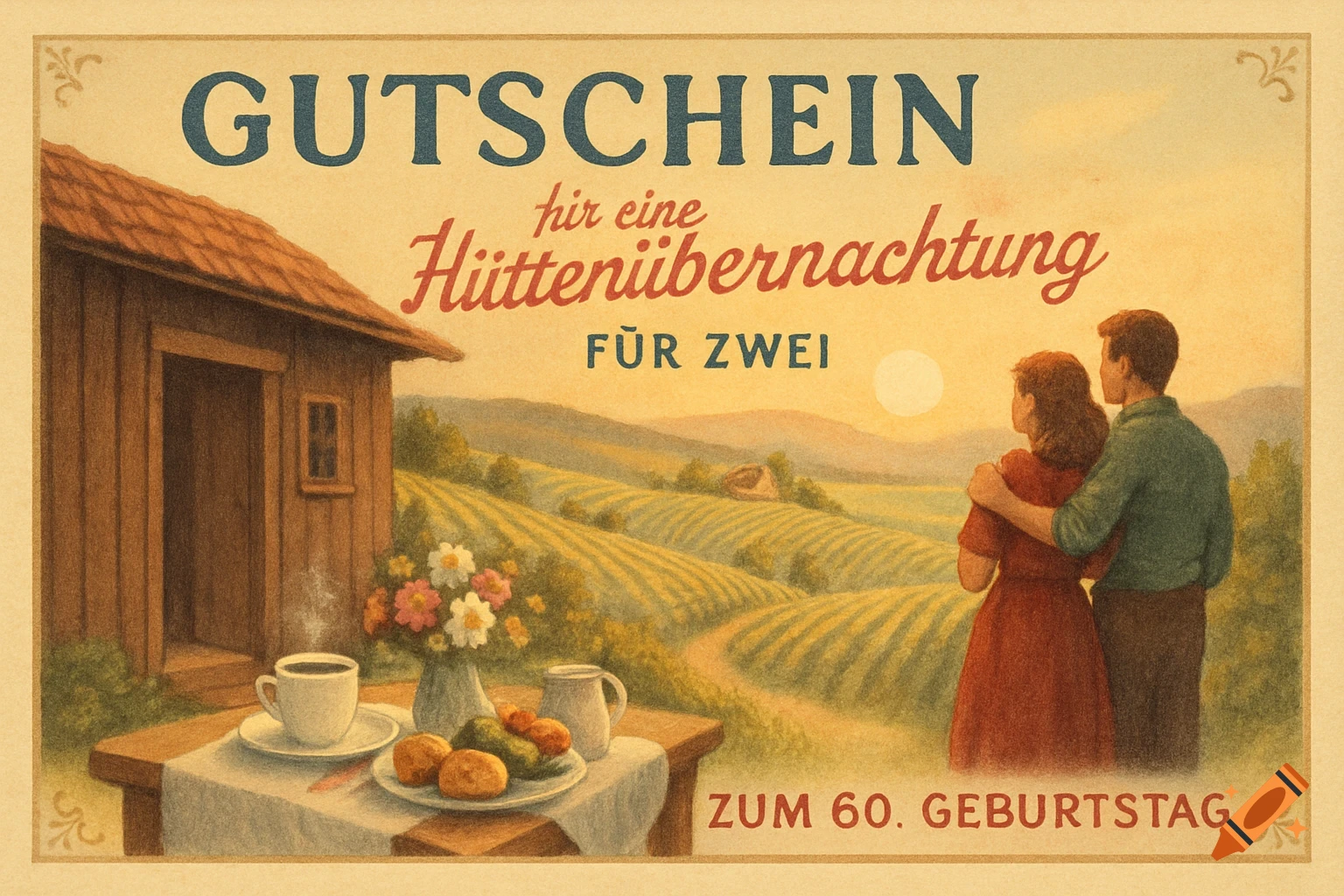 Vintage-style postcard illustration of a couple embracing, looking at vineyards with a cabin and breakfast table.