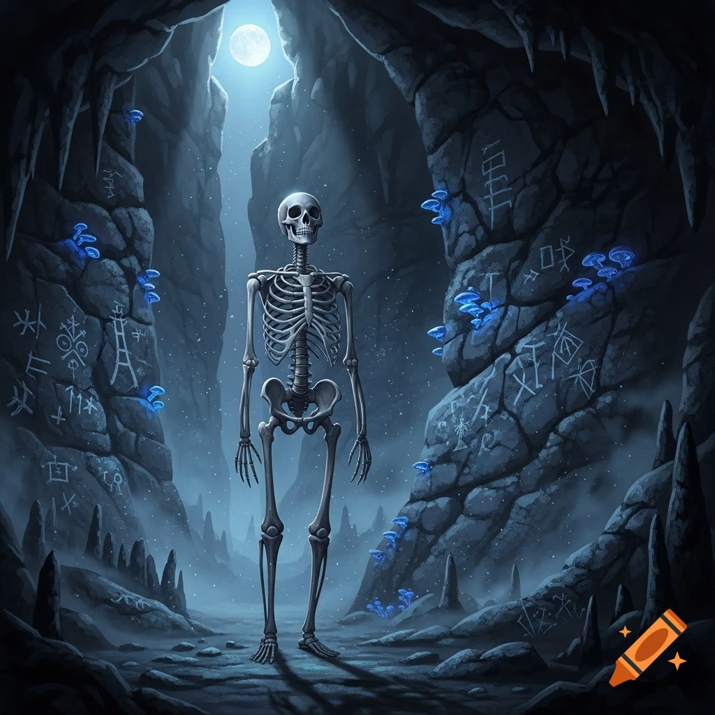 A skeleton stands in a dark, mystical cave illuminated by a full moon and glowing blue mushrooms.