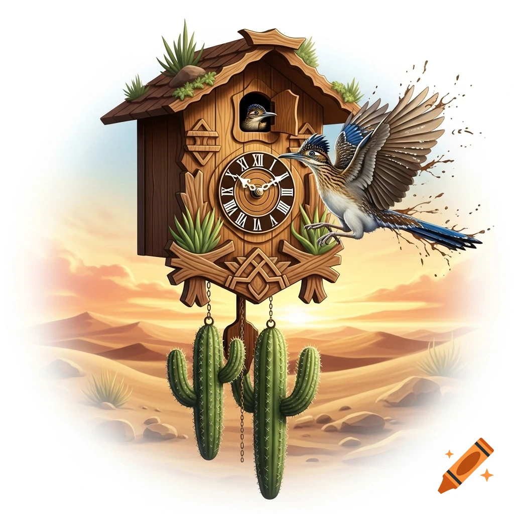 A stylized cuckoo clock featuring a roadrunner emerging from its door and cactus weights, set against a desert sunset backdrop.