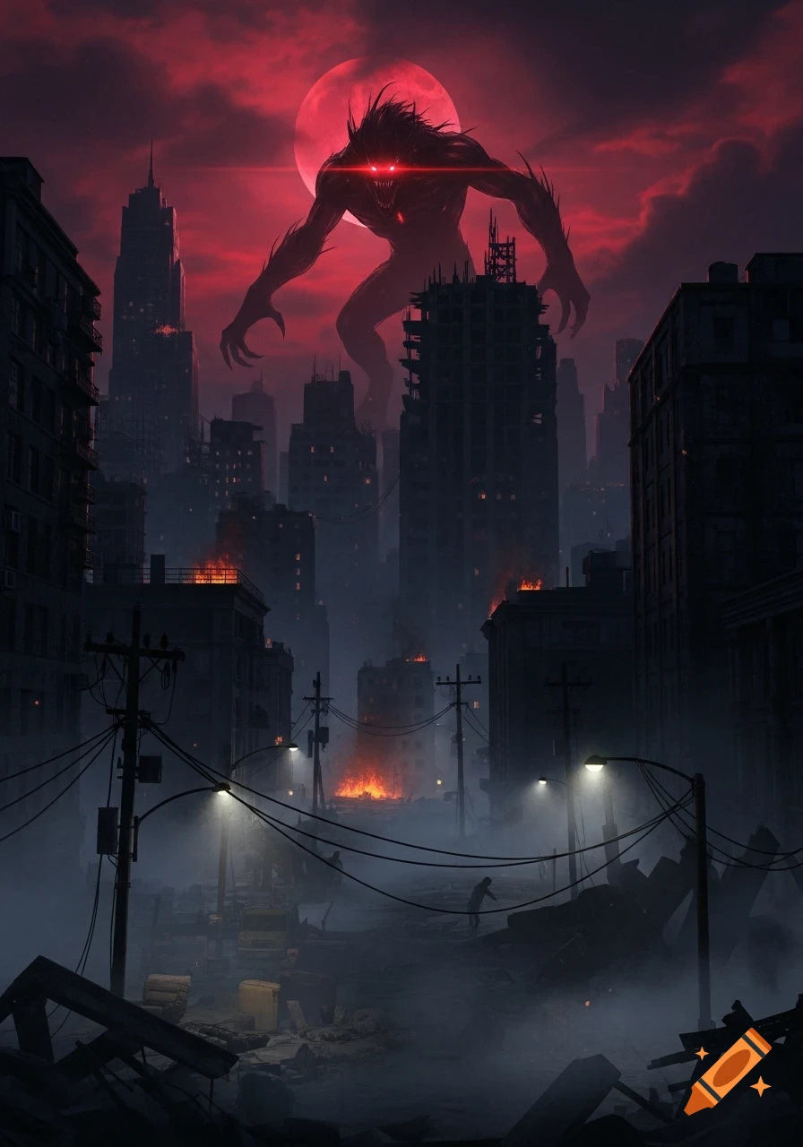 A giant monstrous beast with glowing red eyes looms over a destroyed, burning city under a dramatic red moon and sky.