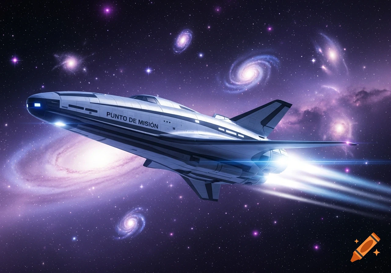 A futuristic silver and blue spaceship with 'PUNTO DE MISIÓN' on its side, flies through a vibrant purple galaxy with stars and spirals.