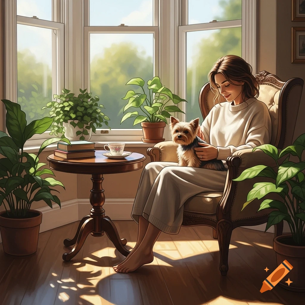 A woman in a cozy armchair pets a Yorkshire Terrier by a sunny bay window filled with houseplants. Painterly style.