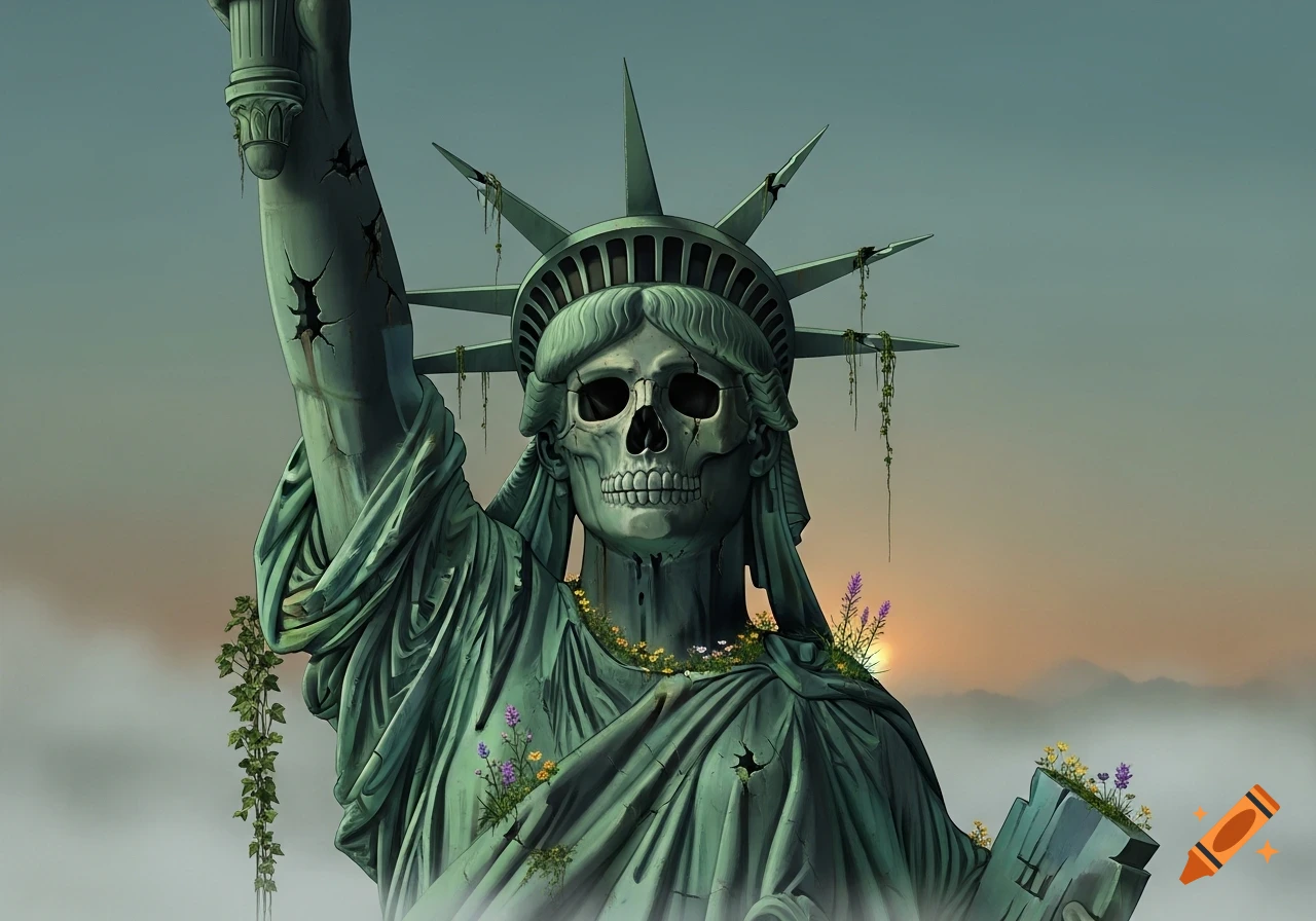A decayed Statue of Liberty with a skull face, cracked green copper, and overgrown with vines and flowers, set against a misty sunset.