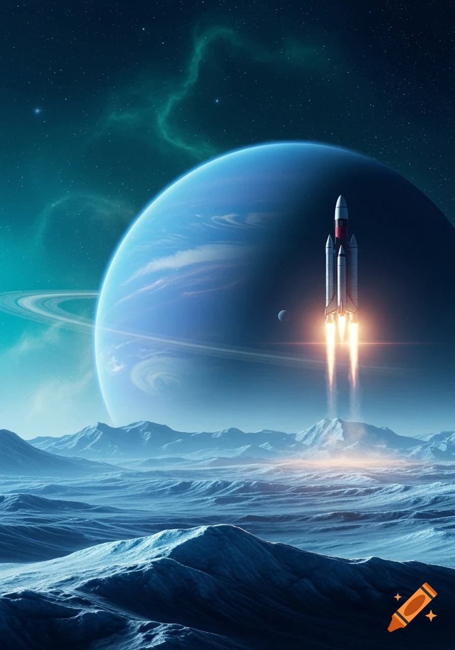 A rocket launches from a desolate, icy planet, with a giant ringed gas planet and a small moon in the starry, nebulous sky.