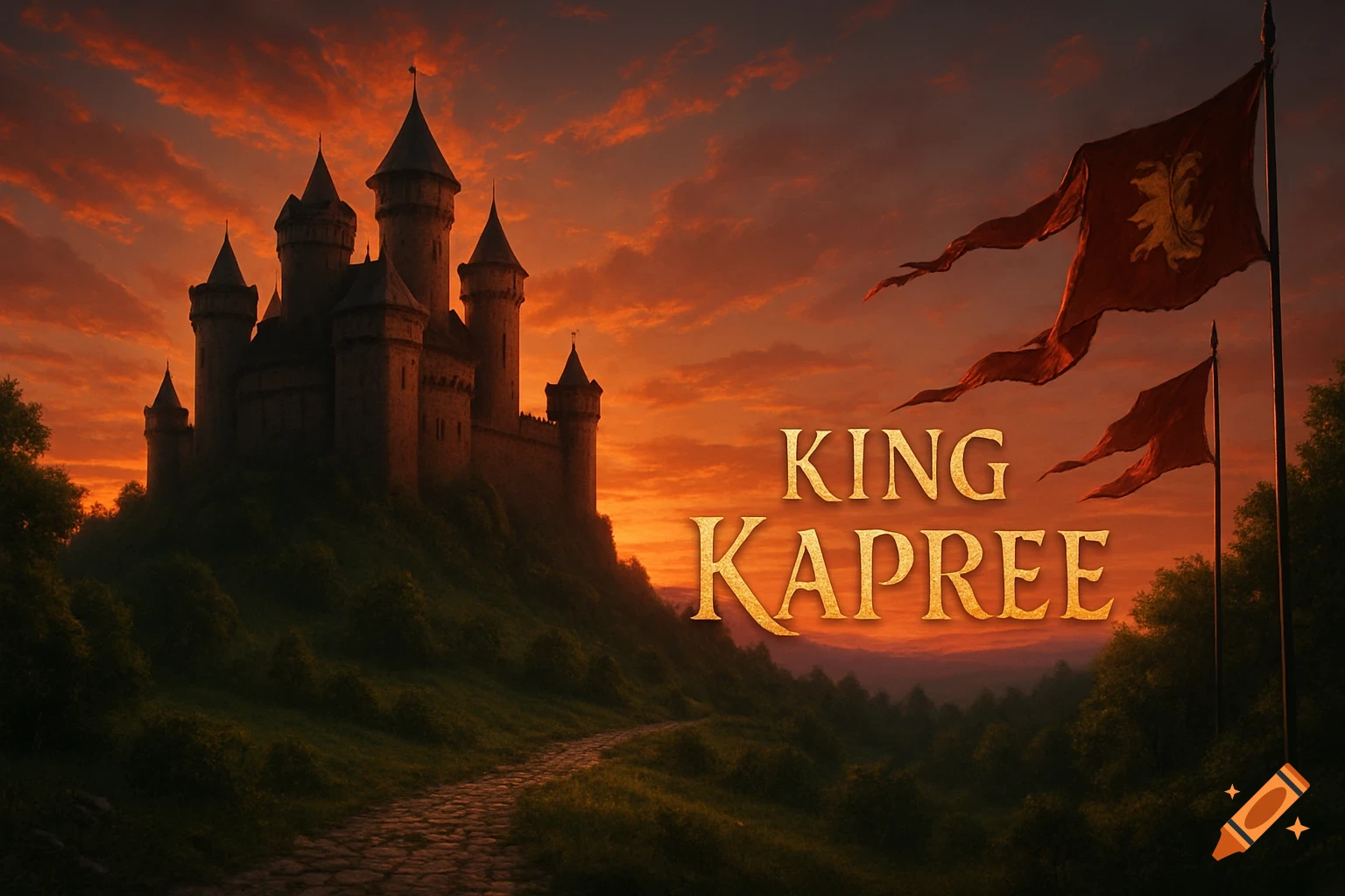 A majestic fantasy castle on a grassy hill against a vibrant orange and red sunset, with flags displaying 'King Kapree'.