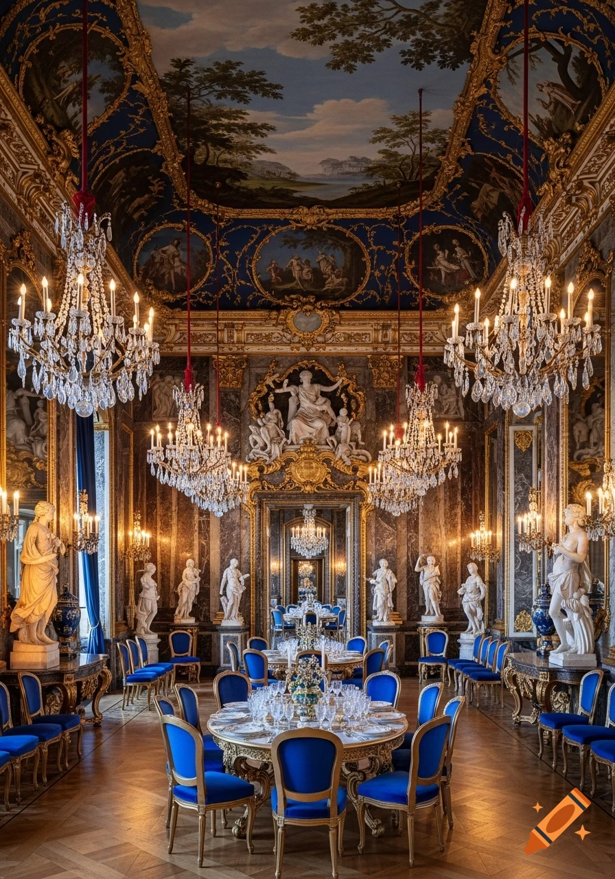 Grand ornate dining hall with blue and gold decor, crystal chandeliers, classical statues, and set tables with blue chairs.
