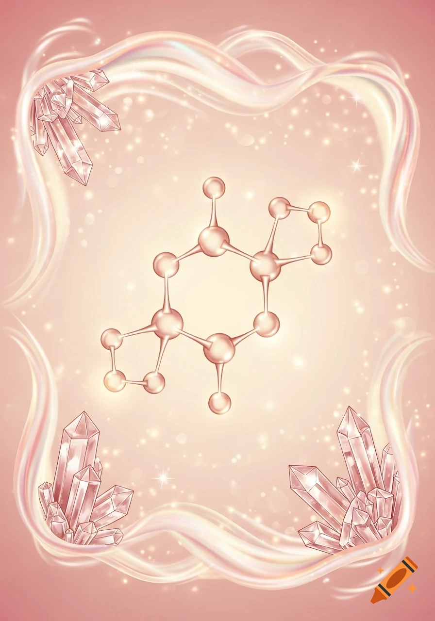 A glowing molecular structure and crystals with shimmering light on a pink and cream pastel background.