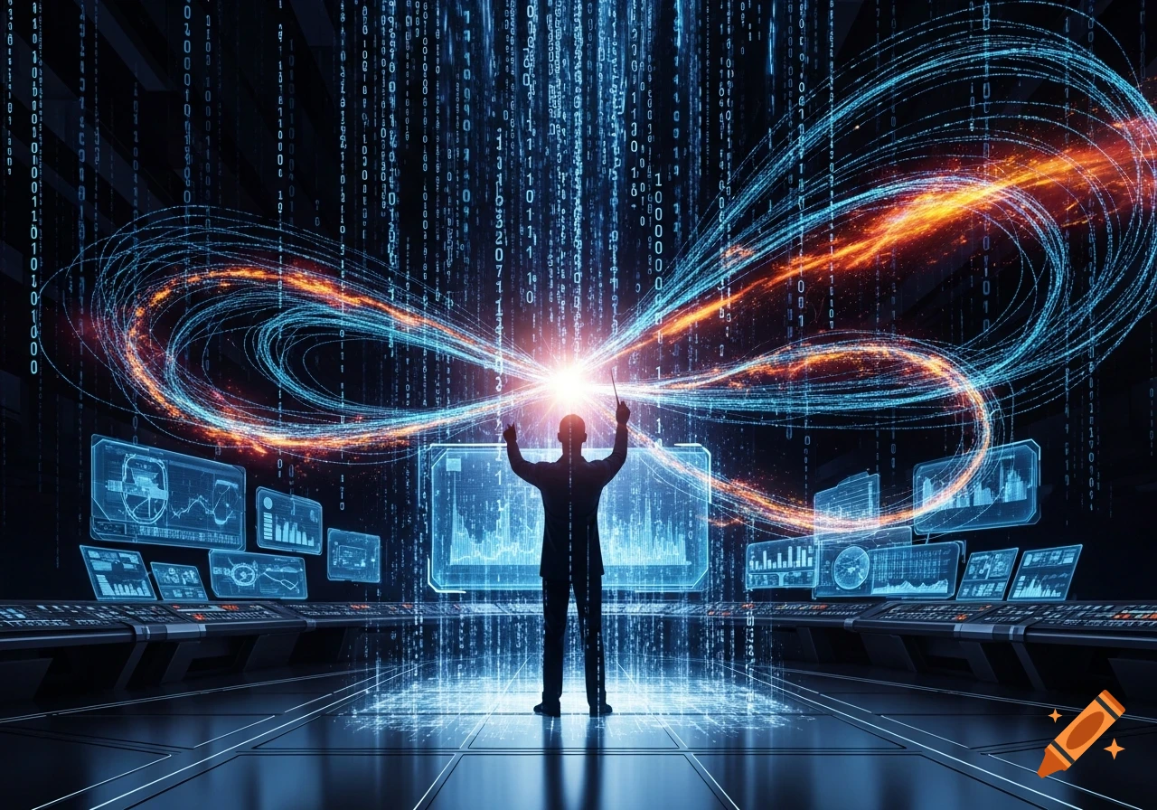 A silhouetted figure stands in a futuristic control room, orchestrating streams of glowing blue and orange data with outstretched arms.