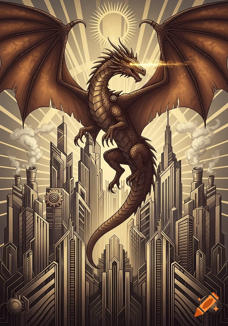 An Art Deco style image of a steampunk dragon with glowing eyes flying over a city, with sun rays emanating from behind its head.