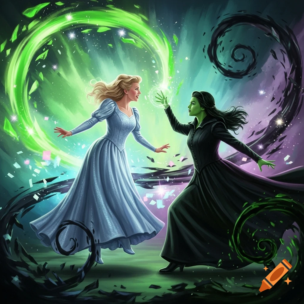Glinda, in a blue gown, and Elphaba, with green skin in a black dress, battle with swirling green and dark magic in a vibrant illustration.