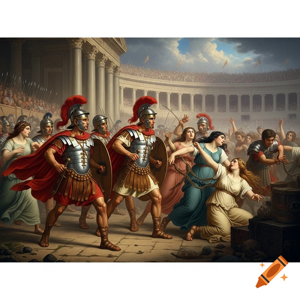 Dramatic historical painting of Roman soldiers seizing struggling Sabine women in an arena during public games in Ancient Rome.