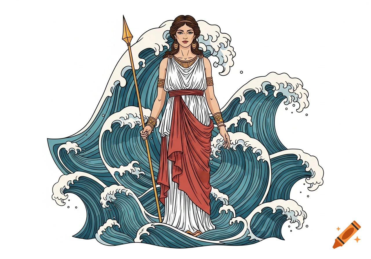 A graphic art illustration of Aphrodite, an ancient Greek goddess, holding a spear and surrounded by ocean waves, on a white background.