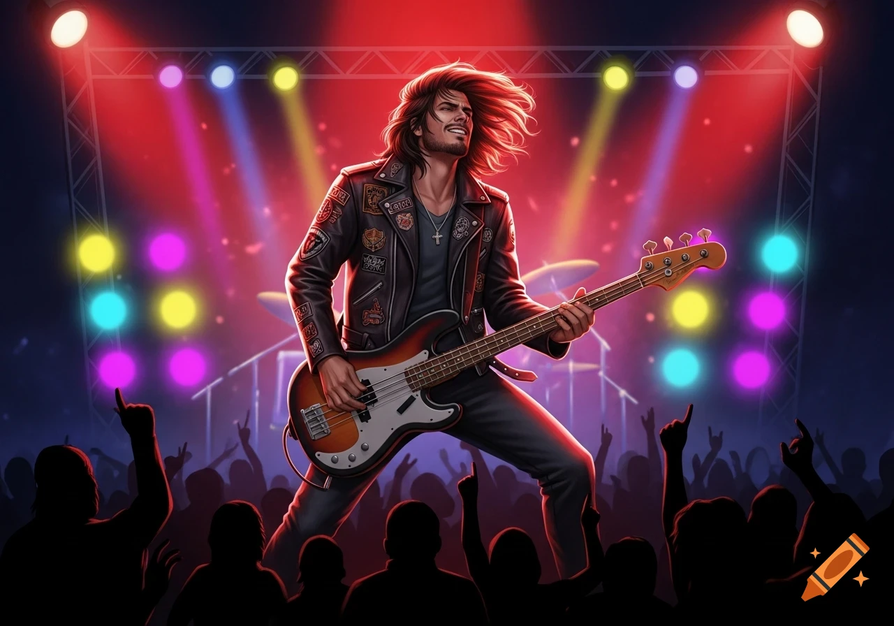 A long-haired man in a leather jacket plays bass guitar on a vibrant stage under colorful spotlights, with a silhouetted crowd cheering.