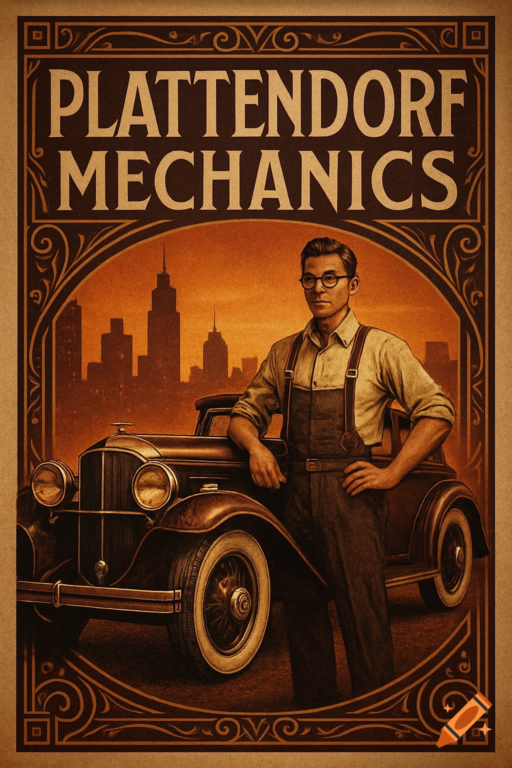 A vintage-style poster featuring a man in overalls leaning on a classic car, with a city skyline in the background and "PLATTENDORF MECHANICS" at the top.