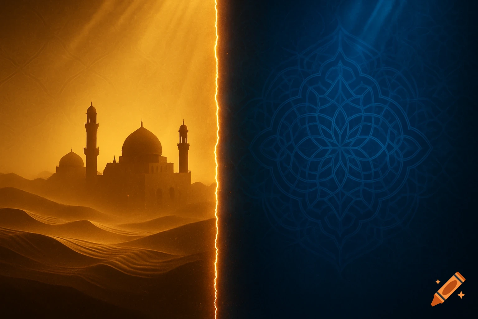 A dramatic split image showing a golden desert with mosque silhouettes on the left, separated by a glowing line from a deep blue side with glowing Islamic geometric patterns on the right.