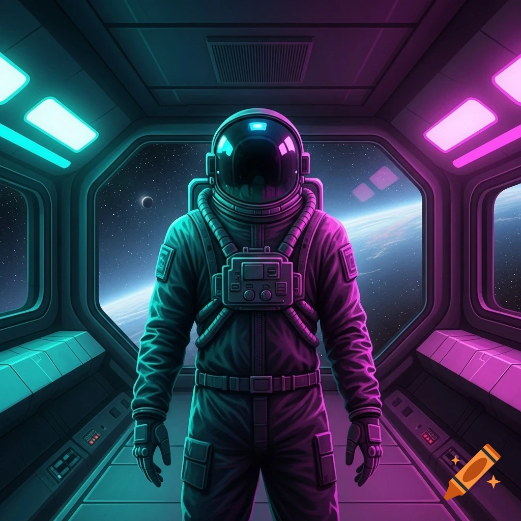 A neon-lit astronaut stands inside a spaceship, gazing out at space with planets and stars.