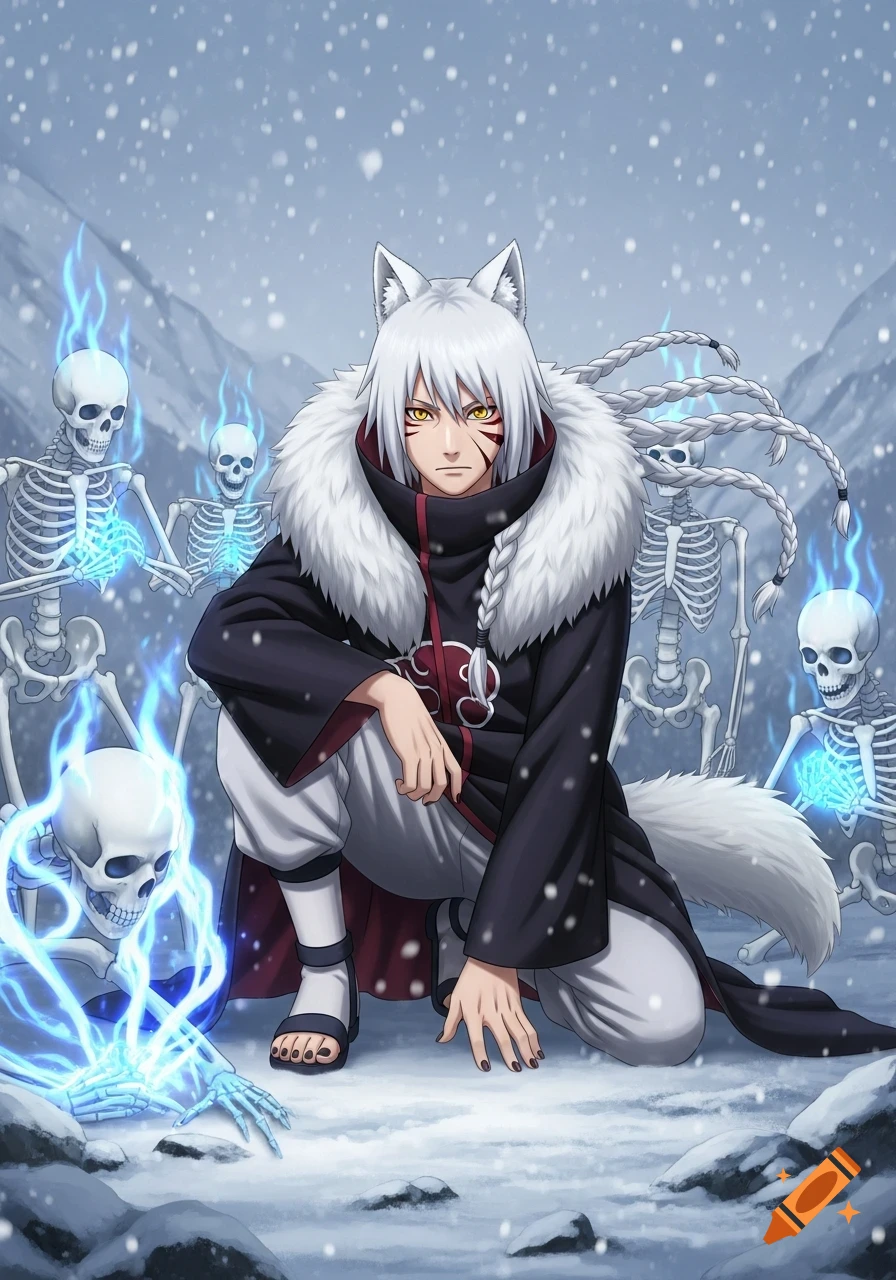 Anime illustration of a white-haired male character with wolf ears, tail, and red face markings, crouching in a snowy mountain scene with blue flaming skeletons.