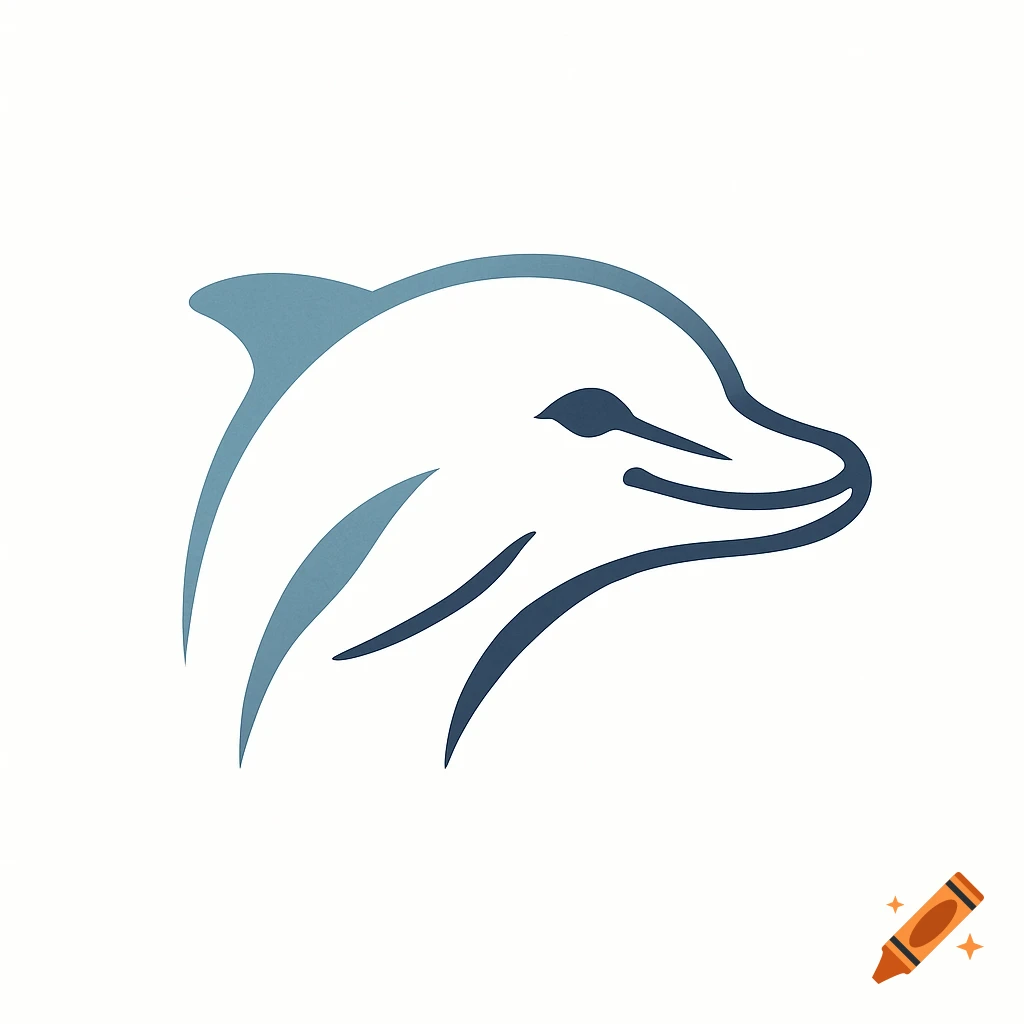 A simple blue and white vector logo of a smiling dolphin's head in profile against a white background.