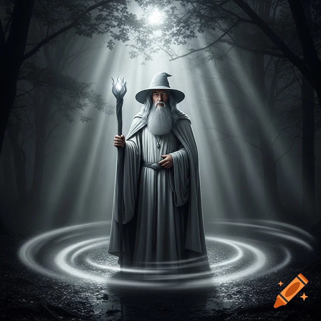 A white-robed wizard with a long beard and staff stands in a mystical, dark forest with light rays shining through and glowing rings around his feet.