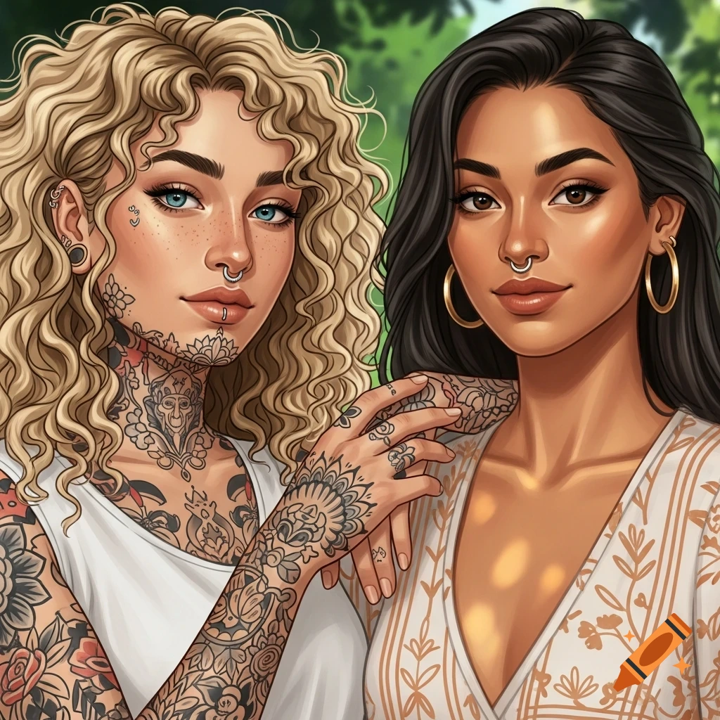 Two illustrated women, one blonde with tattoos and piercings, one dark-haired with a nose ring, embracing in a garden.