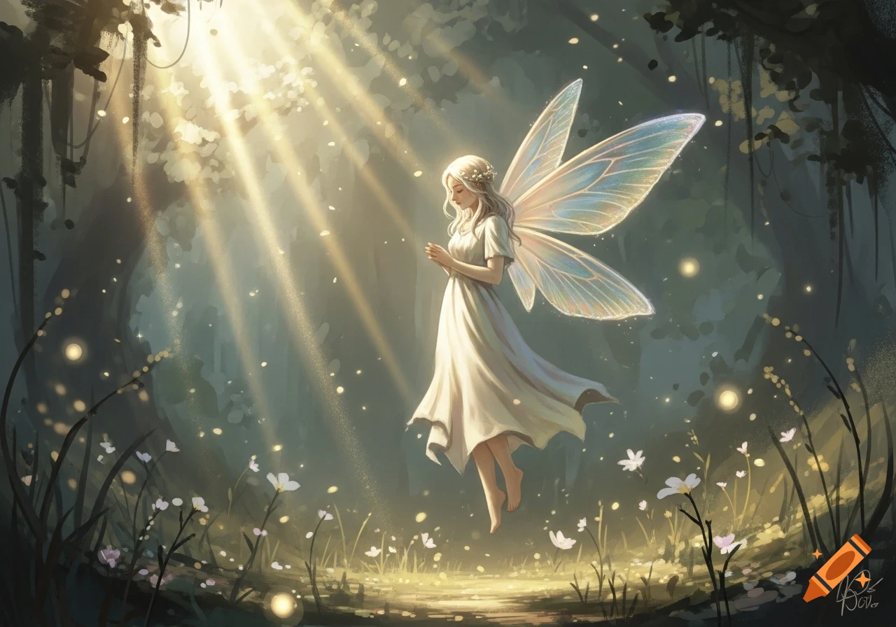 A glowing fairy with iridescent wings floats in a magical sunlit forest, surrounded by shimmering light and white flowers.