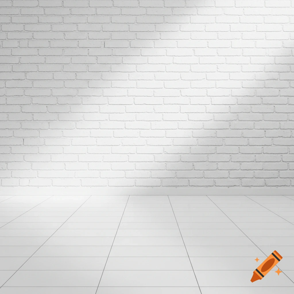 A white brick wall and a white tiled floor in a brightly lit empty room.
