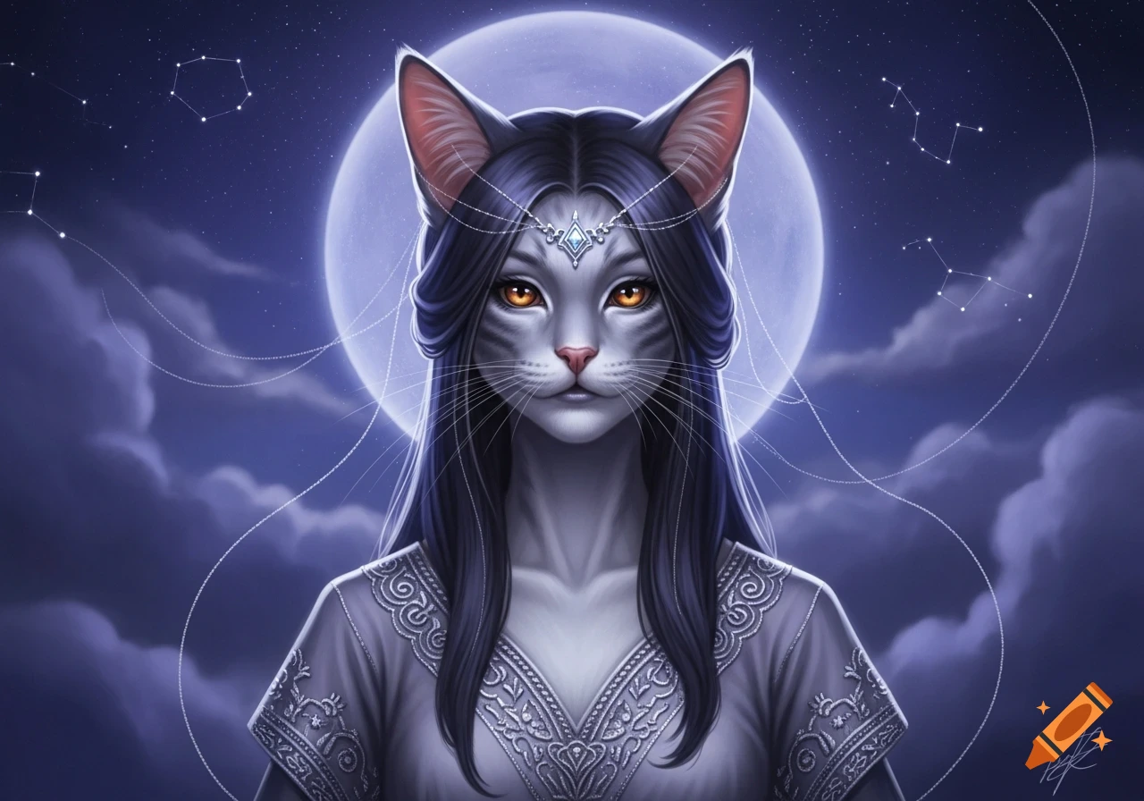 A mystical cat-woman with gray fur and orange eyes, wearing a jeweled headpiece and embroidered dress, stands under a full moon with constellations.