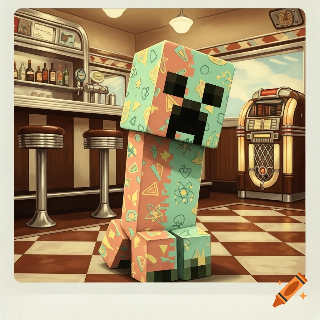 A blocky, patterned Minecraft Creeper character stands leaning in a retro diner with bar stools and a jukebox.