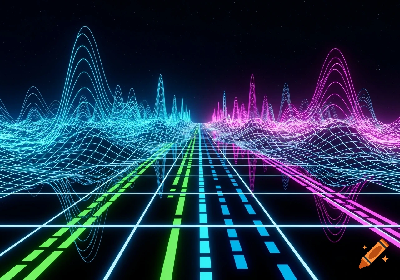 A retro-futuristic digital landscape with a glowing grid road and neon blue and pink sound waves under a starry sky.