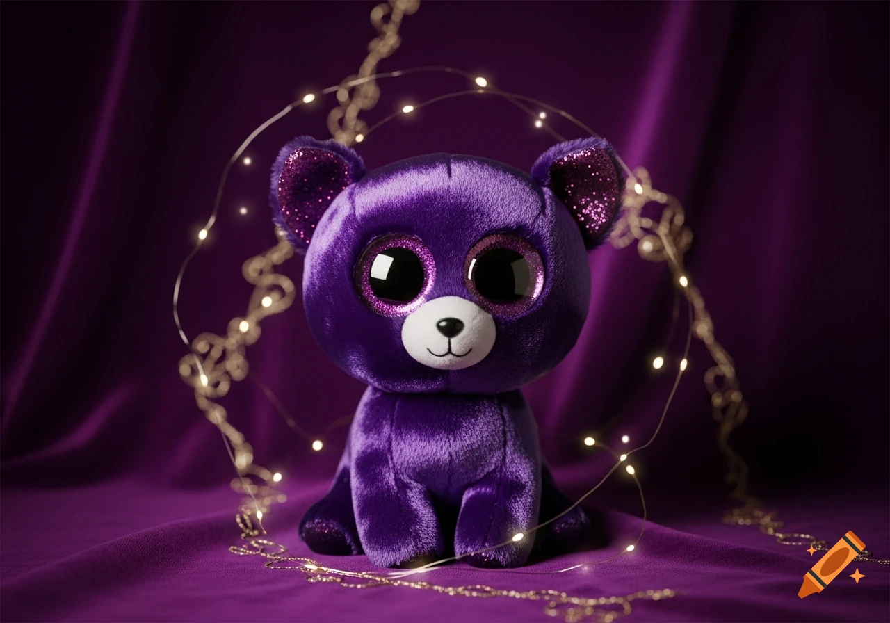 A shiny purple plush bear with large glittery eyes and ears, sitting on purple fabric, surrounded by delicate string lights.