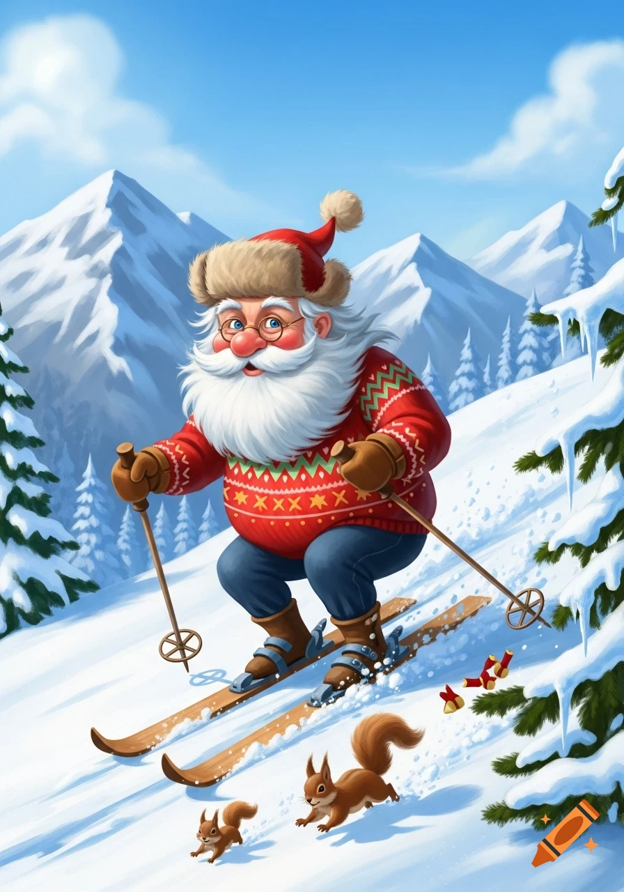 Cartoon illustration of Santa Claus skiing down a snowy mountain with two squirrels.