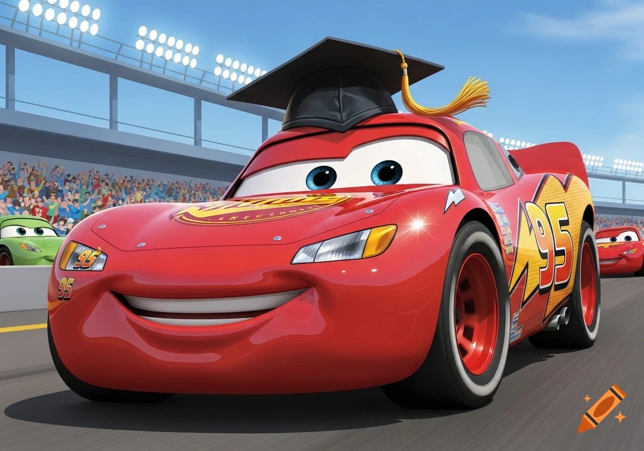 Lightning McQueen from Cars wears a graduation cap on a race track, with other cars and a cheering crowd in the background.