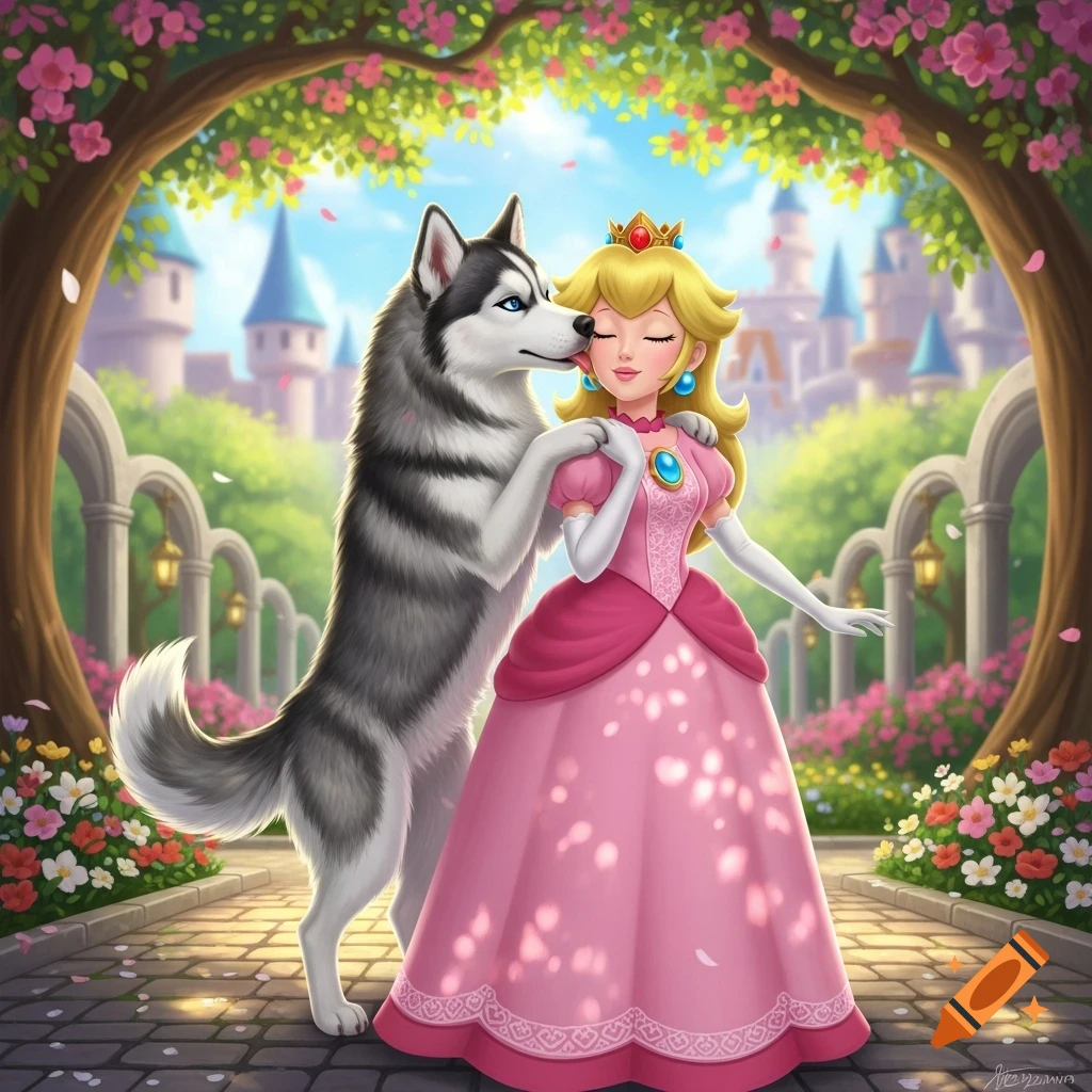 Cartoon Princess Peach in a pink dress in a flowery garden, smiling as a husky stands up to lick her cheek. A castle is in the background.