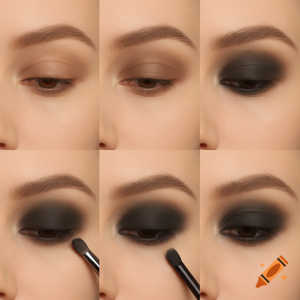 Close-up, six-panel step-by-step guide for applying smoky eye makeup with brown and dark grey eyeshadow.