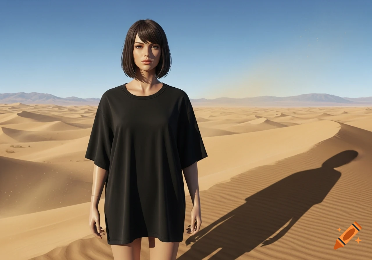 A realistic brunette mannequin in an oversized black t-shirt stands in a vast desert landscape with sand dunes and mountains under a clear sky.