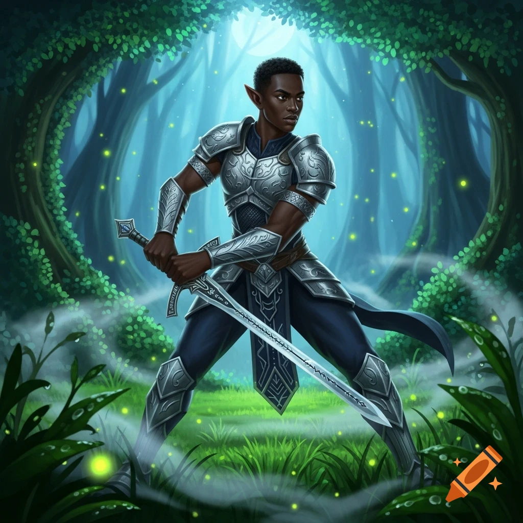 A dark-skinned elf warrior in silver armor holds a sword defensively in a magical, misty forest with glowing fireflies and moonlight.